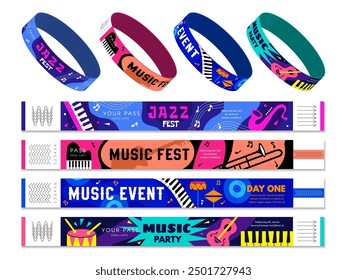 Bracelets tickets. Entrance on events party control bracelets design templates recent vector pictures set