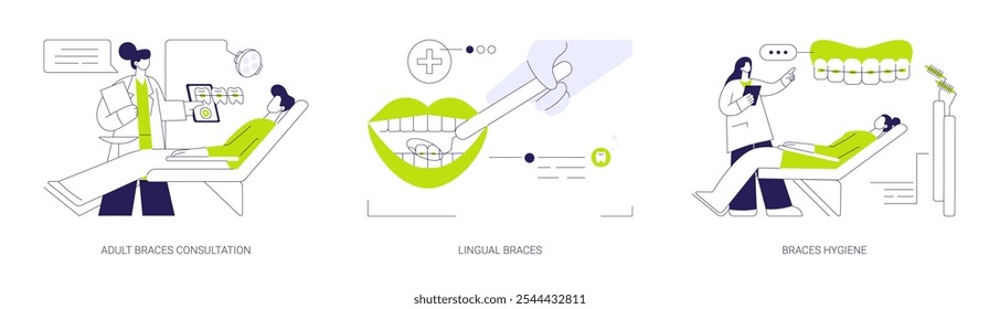 Chaves para conjunto de ilustração vetorial conceito abstrato adulto. Consulta de aparelho de paciente adulto, alinhadores linguais, higiene de suportes, saúde dentária, ortodônticos medicina oral metáfora abstrata.