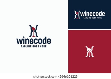 Braces Bracket Curly Parenthesis Code Symbol with Wine Glass and Sand Clock Hourglass logo design