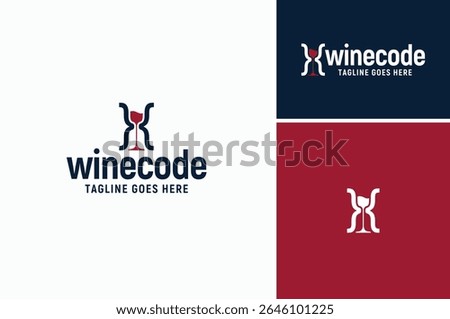 Braces Bracket Curly Parenthesis Code Symbol with Wine Glass and Sand Clock Hourglass logo design