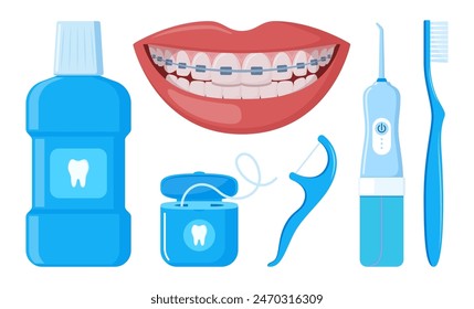 Ortodoncia correctiva, boca femenina sonriente con dientes y aparatos ortopédicos sanos. Herramientas de limpieza dental. Productos de higiene y cuidado bucal. Sonrisa sana. Odontología, tratamiento dental, ortodoncia