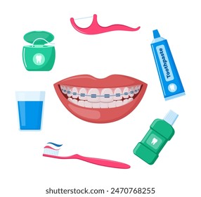 Ortodoncia correctiva, boca femenina sonriente con dientes y aparatos ortopédicos sanos. Herramientas de limpieza dental. Productos de higiene y cuidado bucal. Sonrisa sana. Odontología, tratamiento dental, ortodoncia