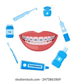 Braces Corrective Orthodontics, smiling female mouth with healthy teeth and braces. Dental cleaning tools. Oral care and hygiene products. Healthy smile. Dentistry, dental treatment, orthodontics