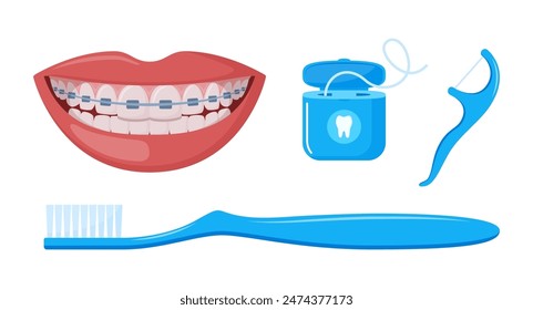 Ortodoncia correctiva, boca femenina sonriente con dientes y aparatos ortopédicos sanos. Herramientas de limpieza dental. Productos de higiene y cuidado bucal. Sonrisa sana. Odontología, tratamiento dental, ortodoncia