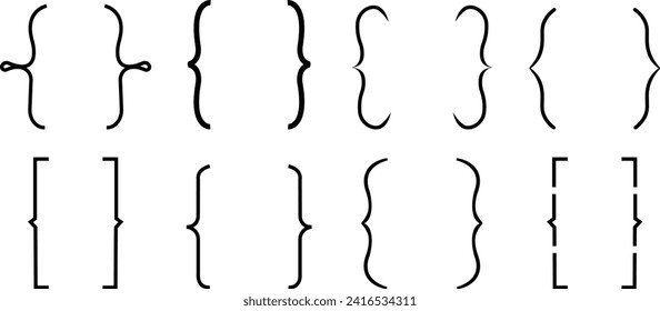 braces or curly brackets icon set, Black bracket . vector of Text brackets design. Icons vintage typography symbol. Thin signs of typography symbol. Pixel perfect, Hand drawn braces, punctuation mark.