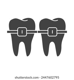 Braces dental symbol. filled black symbol. isolated on white background. tooth Braces symbol