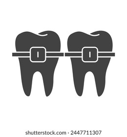 Braces dental symbol. filled black symbol. isolated on white background. tooth Braces symbol