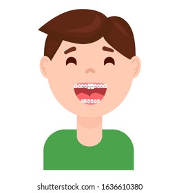 Braces Dental Treatment For Kids. Cute Cartoon Boy With Teeth Braces. Smiling Kids Wearing Braces Vector Illustration.