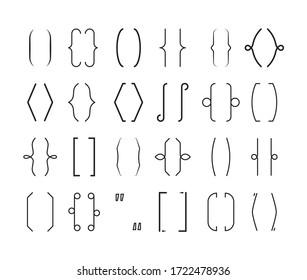 Braces frame set. Curved geometric brackets, curly decorative lines with calligraphic ornaments, elegant graphic symbol in monochrome color. Sketch style vector graphics.