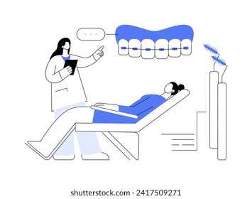 Braces hygiene abstract concept vector illustration. Adult patient using brush for cleaning braces, oral medicine, orthodontics sector, dental health, brackets hygiene abstract metaphor.