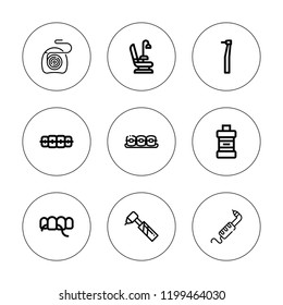 Braces icon set. collection of 9 outline braces icons with brackets, dental drill, dentist chair, dentist, floss icons. editable icons.