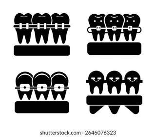 Braces Icon Set Orthodontic Teeth Vector Illustrations in Black Silhouette Style	