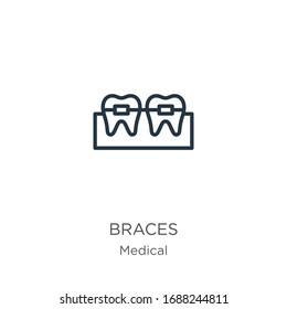 Braces icon. Thin linear braces outline icon isolated on white background from medical collection. Line vector sign, symbol for web and mobile