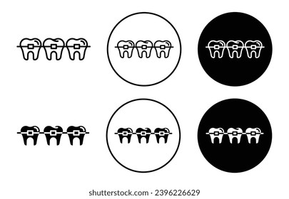 Braces icon. tooth or mouth teeth alignment bracket or braces symbol set. Oral dental stomatology for teeth aligner or tooth correct position by orthodontist vector line logo