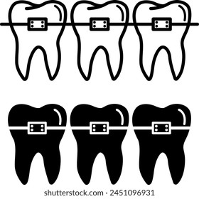 Iconos de llaves. Icono de Vector blanco y negro de los tirantes para el enderezamiento de los dientes. Atención y tratamiento odontológico. Concepto de Medicina y Odontología