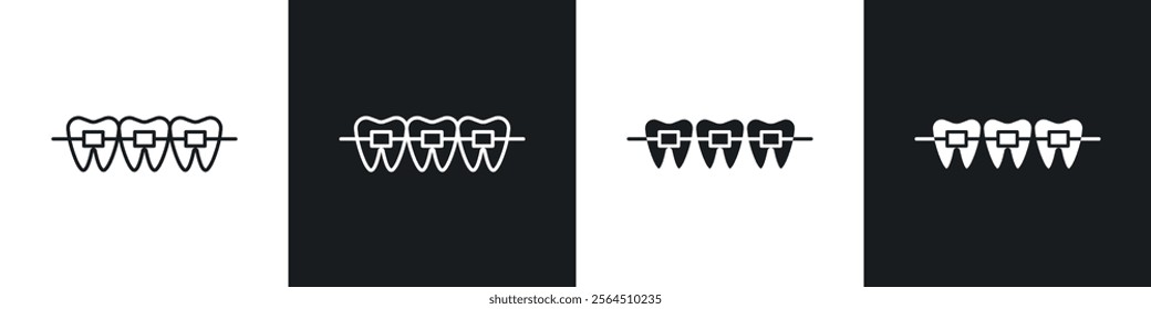 Braces icons collection in black filled and line style.