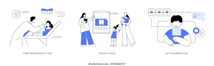 Braces for kids abstract concept vector illustration set. First orthodontist visit, dental x-rays, putting braces on, overbite treatment, teeth crowding, oral health abstract metaphor.