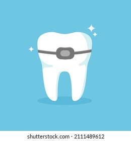 Braces on teeth. Orthodontic treatment concept. Vector illustration isolated on blue background.