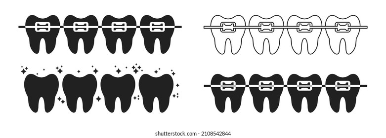 Braces on teeth. Tooth sillhouette icon set. Tooth with braces. EPS 10. 