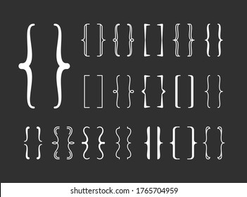 Braces set. Curly decorative frames calligraphic ornament words black background creative art text decoration semicircular square abstract elements elegant contemporary design. Vector graphic style.