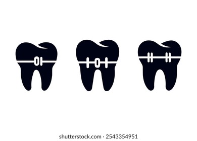 Dentes de aparelho ícones definir cor escura. Vetor