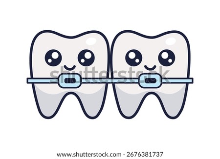 Braces Teeth kawaii characters. Alignment of Bite of Teeth. Vector icon isolated. Manga style