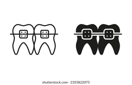 Braces Teeth Silhouette and Line Icons Set. Dentist's Oral Health Care. Orthodontic Brace, Jaw and Tooth Correction. Dental Treatment, Dentistry Symbol Collection. Isolated Vector Illustration.