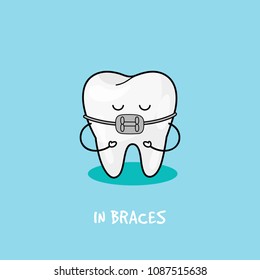 Braces tooth icon. Cute tooth characters. Tooth with braces. Dental personage vector illustration. Illustration for children dentistry. Oral hygiene, teeth cleaning. 