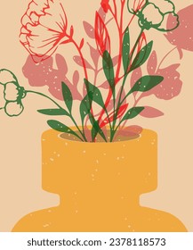 Braches with flowers in a vase. Colorful screen printing riso effect. Riso print design. Vector illustration. Graphic element for fabric, textile, clothing, wrapping paper, wallpaper, poster and web.