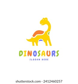 Brachiosaurus dinosaur animal logo in colorful children cartoon style flat template vector design