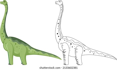 Brachiosaurus dinosaur with its doodle outline on white background illustration