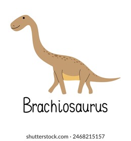  Brachiosaurus dinosaur isolated on white background. Lettering Brachiosaurus. Cartoon dino with long neck for kids t-shirt or web icon. Vector hand drawn illustration