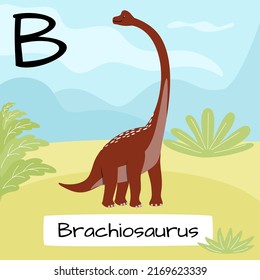 Brachiosaurus dinosaur. Letter B. Children's alphabet education. Vector illustration of a prehistoric dinosaur.