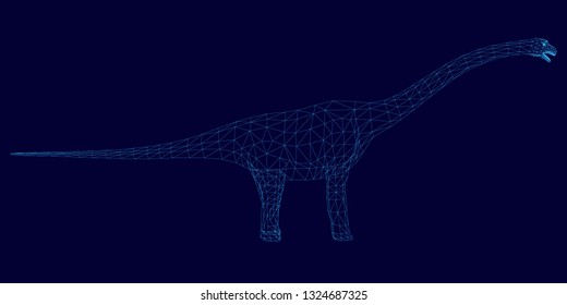 Brachiosaurus dinosaur wireframe. Side view. Polygonal dinosaur from blue lines on a dark background. 3D. Vector illustration.