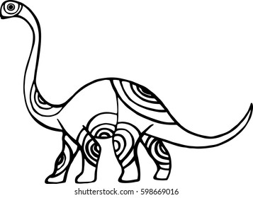Brachiosaurus hand-drawn. Sketch of dinosaurs with elements of ornament. Jurassic period. Zentangle coloring page
