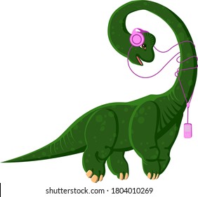 Brachiosaurus with headphones listening to music. A dinosaur with a player. Vector isolated illustration.