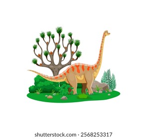 Brachiosaurus prehistoric dinosaur cartoon character. Isolated vector ancient herbivore reptile animal with a long neck and tail in natural Late Jurassic period environment with rock, tree and plants