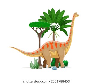 Personaje de dinosaurio prehistórico de Brachiosaurus. Lagarto de la era de la paleontología del Jurásico tardío. Animal aislado del reptil del saurópodo del herbívoro antiguo del Vector de la historieta en ambiente natural con la roca, los árboles y los helechos