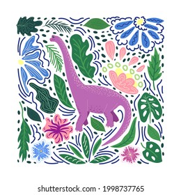 Brachiosaurus purple, prehistoric dinosaurs collection. Ancient animals. Hand drawn. In a frame of flowers and leaves.