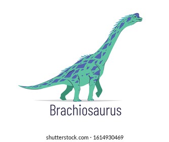 Brachiosaurus. Sauropodomorpha dinosaur. Colorful vector illustration of prehistoric creature brachiosaurus in hand drawn flat style isolated on white background. Huge fossil dinosaur.
