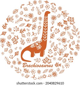 Brachiosaurus vector handdrawn illustration. Dinosaur flower leaves circle pattern. Folk scandinavian art