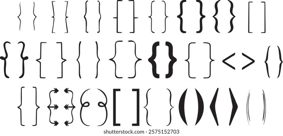 Bracket, braces, parenthes vector set, Diverse curly bracket styles for design, coding, and typography. Ideal symbol for software, graphic design, and programming visuals, eps File.