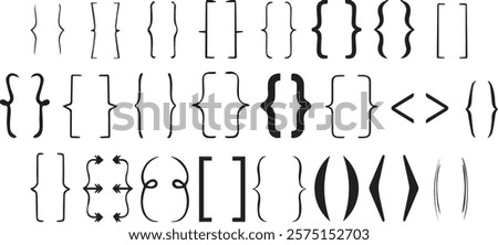 Bracket, braces, parenthes vector set, Diverse curly bracket styles for design, coding, and typography. Ideal symbol for software, graphic design, and programming visuals, eps File.