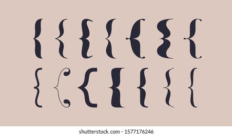 Bracket, braces, parentheses. Typography set of curly brackets. Bracket punctuation shapes for messages. Vintage curly brace typography symbols for text frame. Graphic design. Vector Illustration