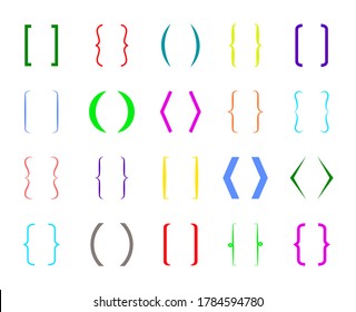 Bracket curly. Shapes of parenthesis. Brace for edit and calligraphy. Icons for typography. Elegant symbol for text, punctuation. Type of borders for speech, alphabet and quote. Sign of school. Vector