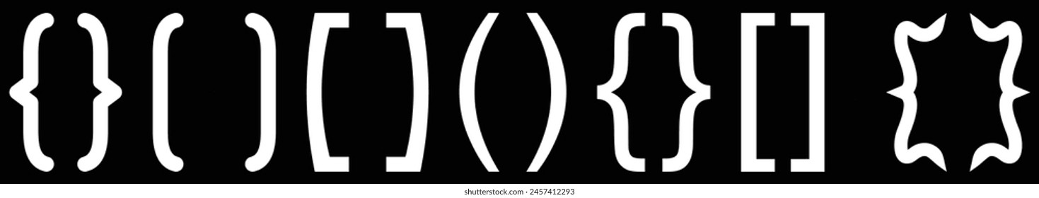 Bracket icon collection. White bracket set. Black background.