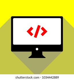 Bracket icon. Vector. Red icon on white monitor of black all-in-one desktop computer with two shadows at yellow background.