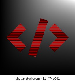 Bracket icon. Vector. Striped red and black icon at gradient blackish background. Zebra.
