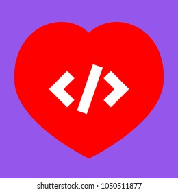 Bracket icon. Vector. White icon in red heart at lavender background.