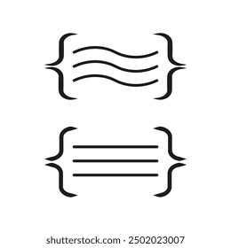 Bracket icons with lines. Two variations with wavy and straight lines. Simple black and white design. Minimalist vector illustration.